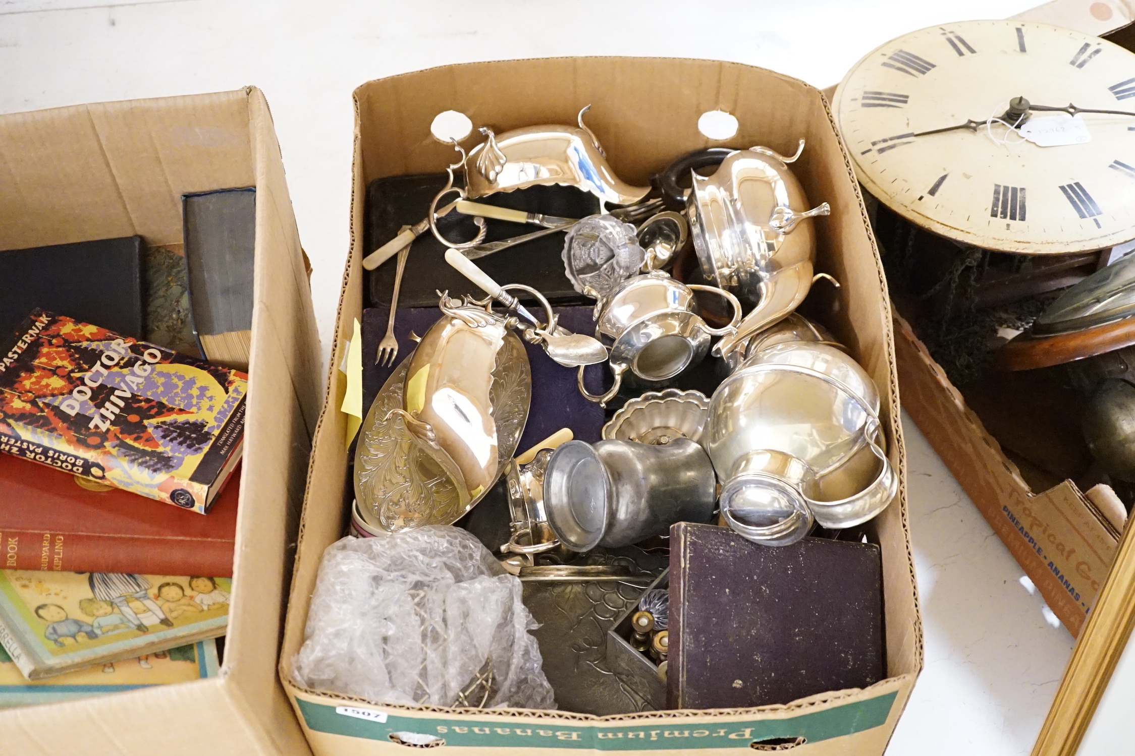 A quantity of assorted plated wares including tea sets, Guernsey milk cans, flatware etc. and other miscellaneous items